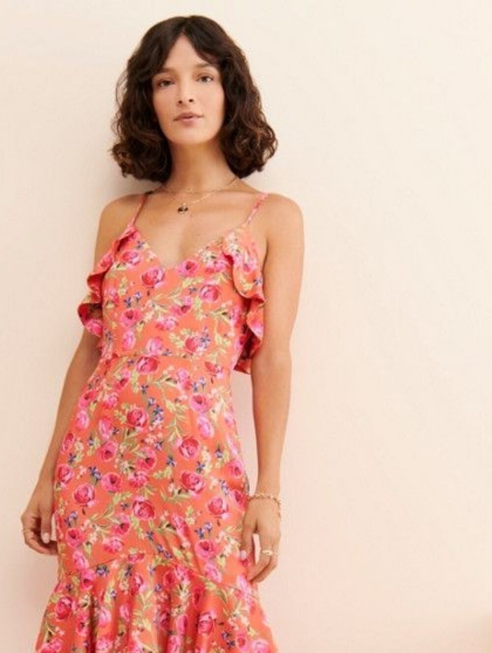 Anthropologie Keepsake Floral Midi Dress Pink Coral Ruffled Sz M Romantic Party